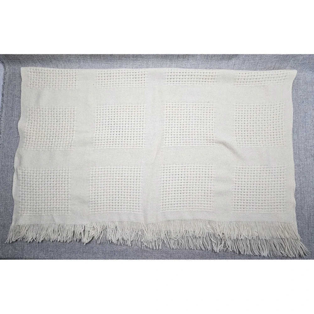 Faribo Wool Throw Blanket 47x60 Beige Waffle Knit Check Fringe USA Made